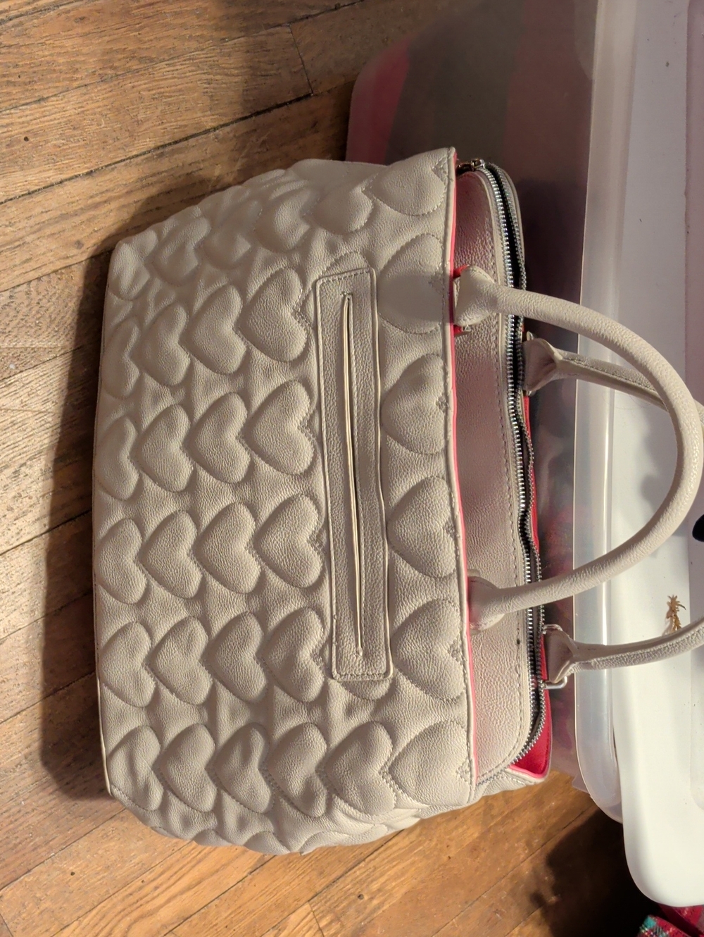 Betsey Johnson Cream Tote with Pink Trim and Quilted Hearts